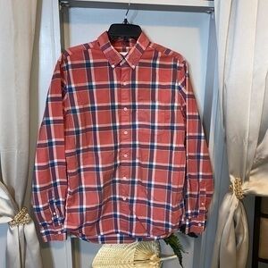 American Eagle Men’s size Medium Burnt Salmon Blue White 100% Cotton Plaid Shirt